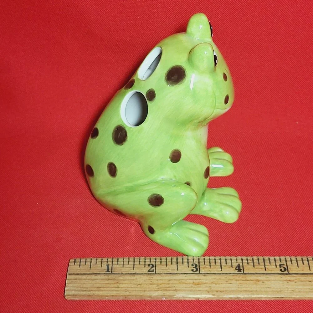 Tooth Brush Stand Frog Figurine 3 Hole Green Ceramic Hand Painted